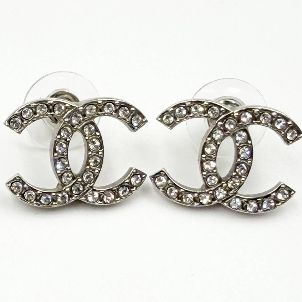 Chanel Classic Silver CC Crystal Reissued Moscova  Piercing Earrings